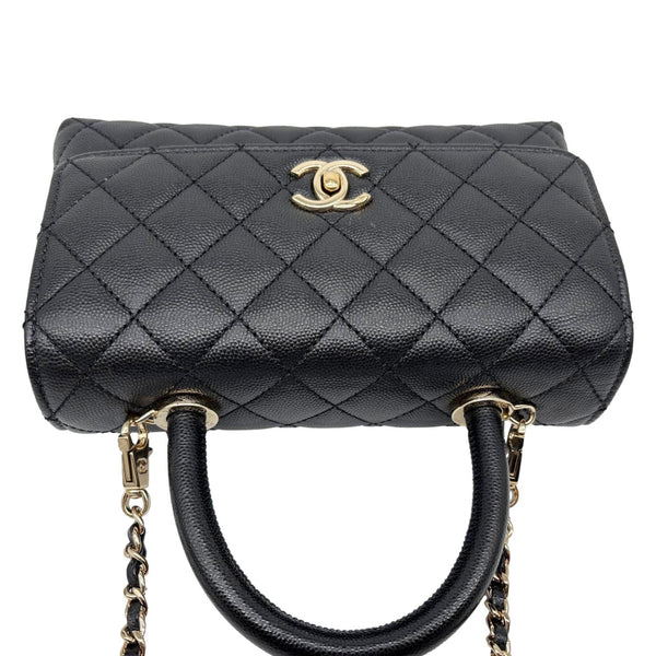 CHANEL Coco Flap Small Quilted Caviar Leather Handle Shoulder Bag Black