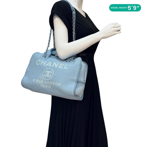 CHANEL Deauville Small Canvas Bowling Tote Bag Light Blue