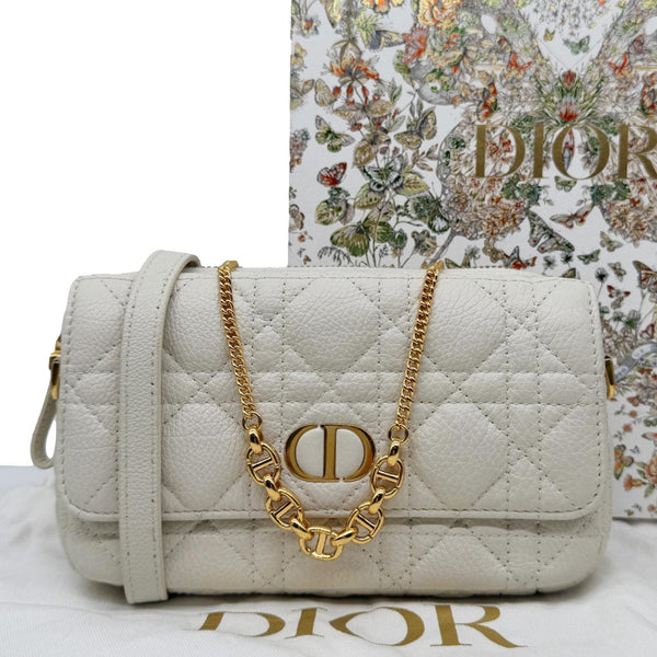 CHRISTIAN DIOR Caro Supple Cannage Calfskin Leather Chain Shoulder Bag Ivory