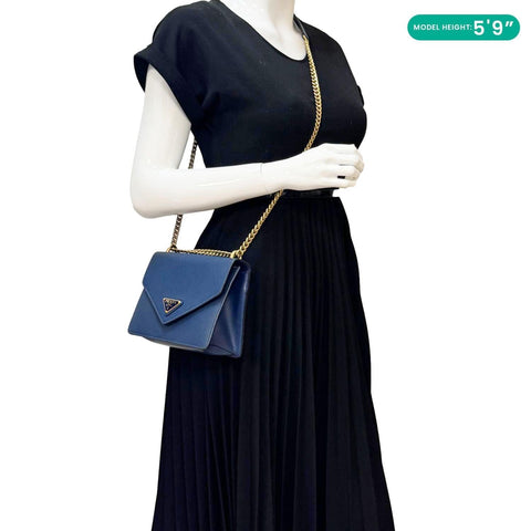 PRADA Metal Triangle Envelope Saffiano Leather Chain Shoulder Bag Blue