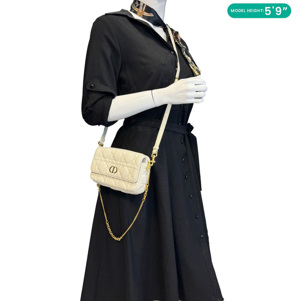 CHRISTIAN DIOR Caro Supple Cannage Calfskin Leather Chain Shoulder Bag Ivory