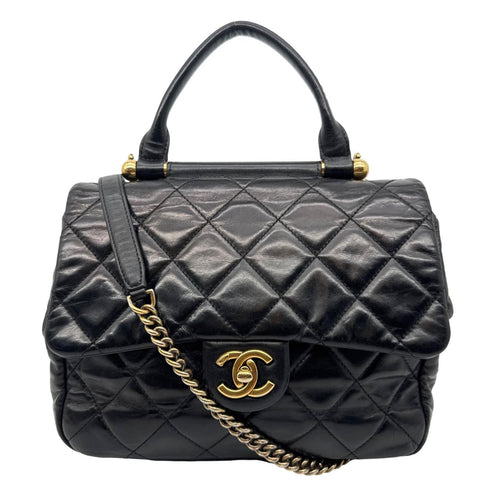 CHANEL Gold Bar Top Handle Flap Medium Quilted Calfskin Leather Shoulder Bag Black