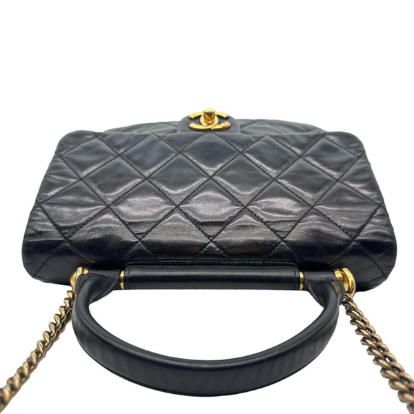 CHANEL Gold Bar Top Handle Flap Medium Quilted Calfskin Leather Shoulder Bag Black