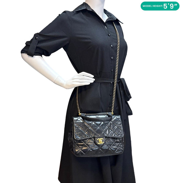 CHANEL Gold Bar Top Handle Flap Medium Quilted Calfskin Leather Shoulder Bag Black
