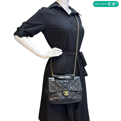 CHANEL Gold Bar Top Handle Flap Medium Quilted Calfskin Leather Shoulder Bag Black