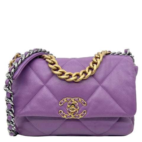 CHANEL 19 Flap Medium Quilted Lambskin Leather Shoulder Bag Purple
