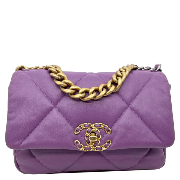 CHANEL 19 Flap Medium Quilted Lambskin Leather Shoulder Bag Purple