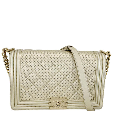 CHANEL Boy Flap Medium Perforated Lambskin Leather Shoulder Bag Light Gold