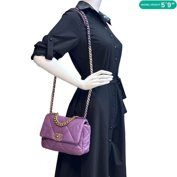 CHANEL 19 Flap Medium Quilted Lambskin Leather Shoulder Bag Purple