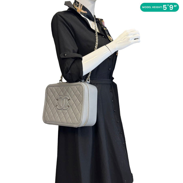 CHANEL Vanity Case Filigree CC  Large Caviar Quilted Shoulder Bag Grey