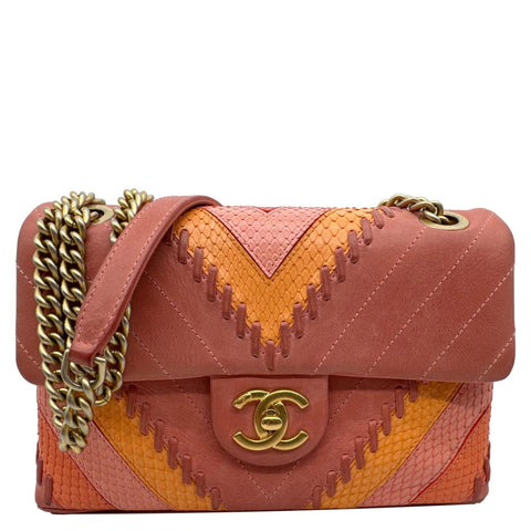 CHANEL Paris-Cuba Flap Python Patchwork Chevron Leather Shoulder Bag Multicolor