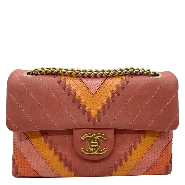 CHANEL Paris-Cuba Flap Python Patchwork Chevron Leather Shoulder Bag Multicolor