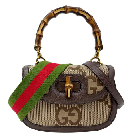 GUCCI Bamboo 1947 GG Jumbo Canvas Top Handle Crossbody Bag Beige 675797