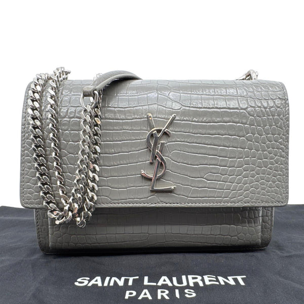 YVES SAINT LAURENT Monogram Sunset Crocodile Embossed Leather Crossbody Bag Grey