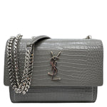 YVES SAINT LAURENT Monogram Sunset Crocodile Embossed Leather Crossbody Bag Grey