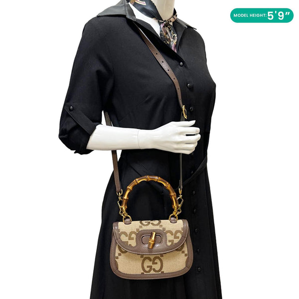 GUCCI Bamboo 1947 GG Jumbo Canvas Top Handle Crossbody Bag Beige 675797