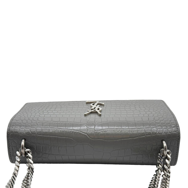 YVES SAINT LAURENT Monogram Sunset Crocodile Embossed Leather Crossbody Bag Grey