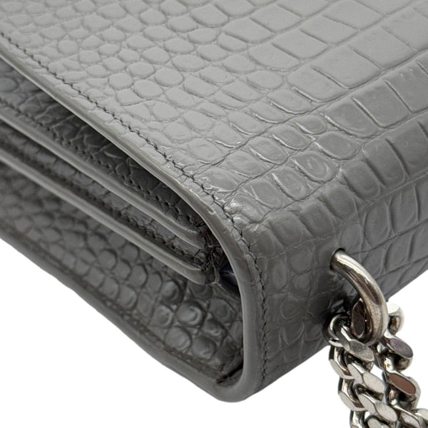 YVES SAINT LAURENT Monogram Sunset Crocodile Embossed Leather Crossbody Bag Grey