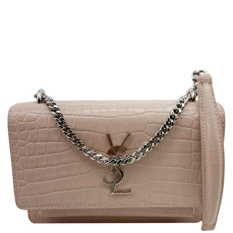 YVES SAINT LAURENT Monogram Sunset Crocodile Embossed Leather Crossbody Bag Pink