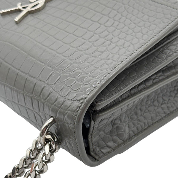 YVES SAINT LAURENT Monogram Sunset Crocodile Embossed Leather Crossbody Bag Grey