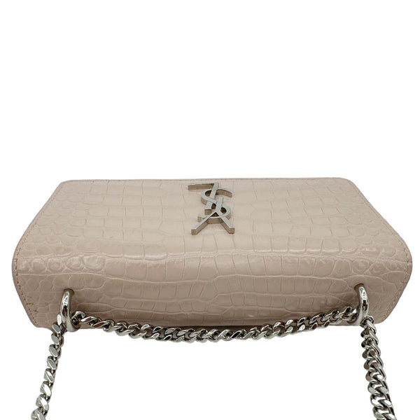 YVES SAINT LAURENT Monogram Sunset Crocodile Embossed Leather Crossbody Bag Pink