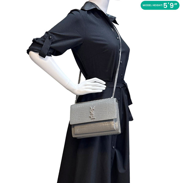 YVES SAINT LAURENT Monogram Sunset Crocodile Embossed Leather Crossbody Bag Grey