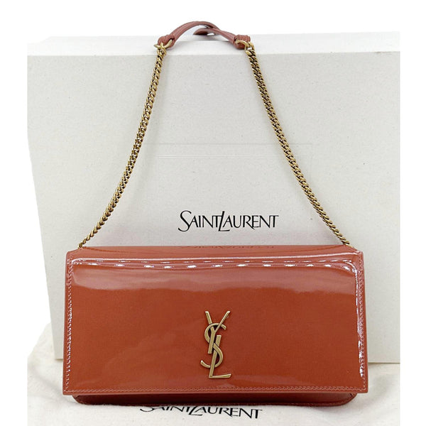 YVES SAINT LAURENT Monogram Patent Leather Phone Holder Crossbody Bag Terracotta