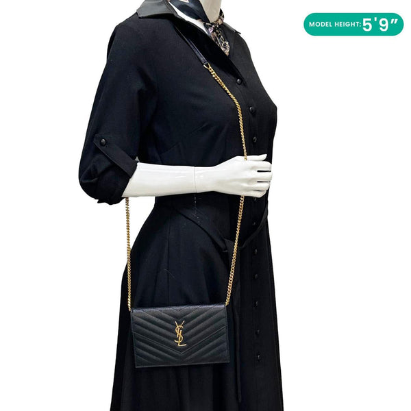 YVES SAINT LAURENT Cassandre Leather Wallet on a Chain Crossbody Bag Black