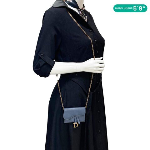 CHRISTIAN DIOR Saddle Pouch With Chain Leather Crossbody Bag Blue