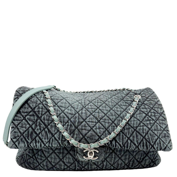 CHANEL Denimpression Flap XXL Distressed Denim Shoulder Bag Navy Blue