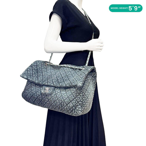 CHANEL Denimpression Flap XXL Distressed Denim Shoulder Bag Navy Blue