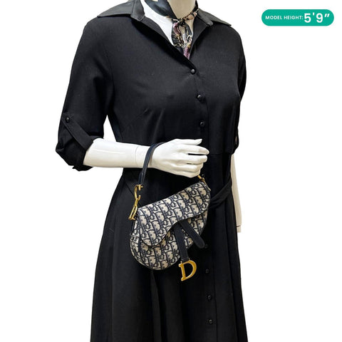 CHRISTIAN DIOR Saddle Oblique Jacquard Satchel Bag Navy Blue
