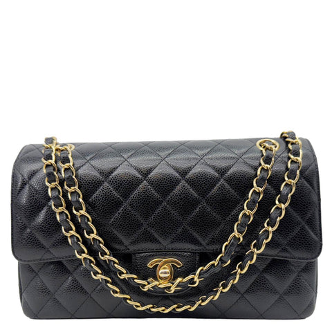 CHANEL Classic Double Flap Medium Quilted Caviar Leather Shoulder Bag Black