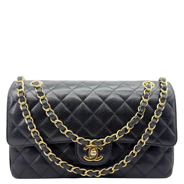 CHANEL Classic Double Flap Medium Quilted Caviar Leather Shoulder Bag Black