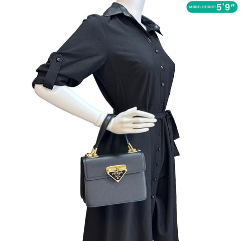 PRADA Symbole Flap Saffiano Leather Shoulder Bag Black