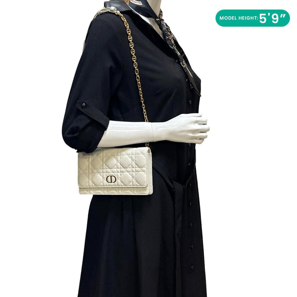 CHRISTIAN DIOR Caro Supple Cannage Calfskin Leather Chain Shoulder Bag Ivory