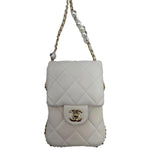 CHANEL Pearl Chain Quilted Lambskin Leather Phone Bag White