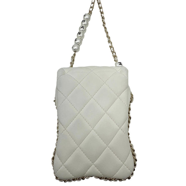 CHANEL Pearl Chain Quilted Lambskin Leather Phone Bag White