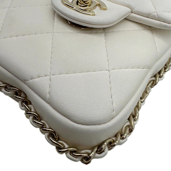 CHANEL Pearl Chain Quilted Lambskin Leather Phone Bag White