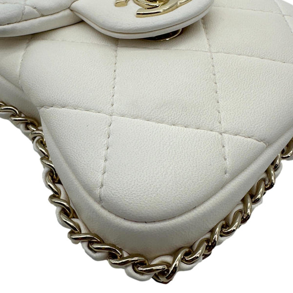 CHANEL Pearl Chain Quilted Lambskin Leather Phone Bag White