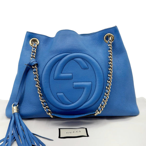 GUCCI Soho Medium Pebbled Leather Shoulder Bag Blue 308982