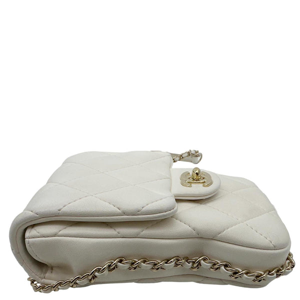 CHANEL Pearl Chain Quilted Lambskin Leather Phone Bag White