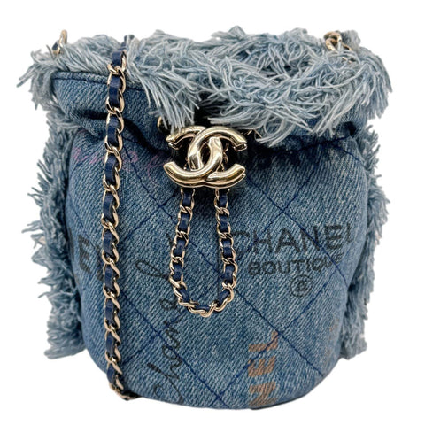 CHANEL Mood Mini Quilted Denim Bucket Bag Blue