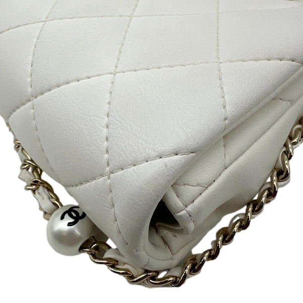CHANEL Pearl Chain Quilted Lambskin Leather Phone Bag White