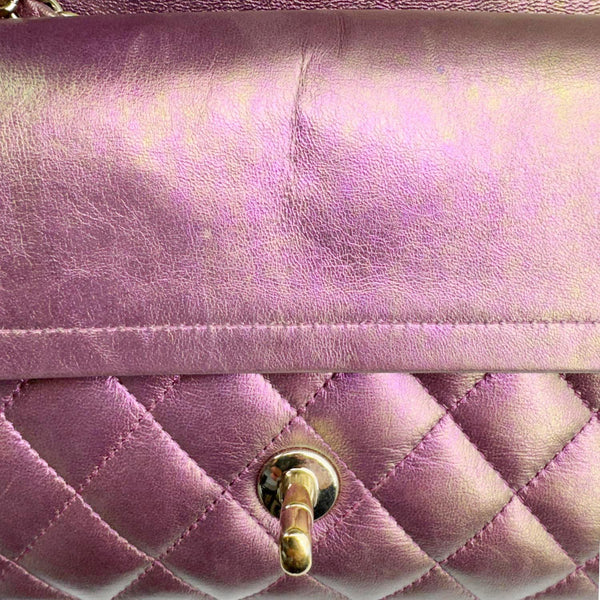 CHANEL Classic Double Flap Medium Quilted Iridescent Leather Shoulder Bag Multicolor