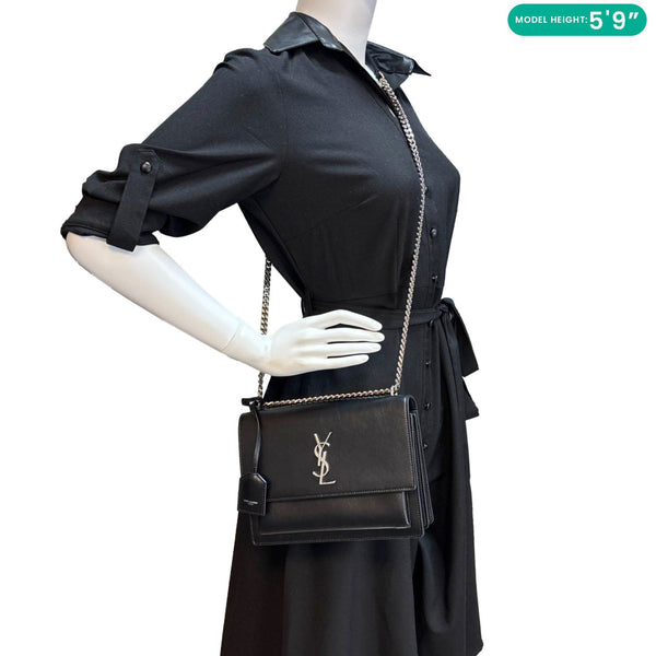 YVES SAINT LAURENT Sunset Monogram Leather Shoulder Bag Black