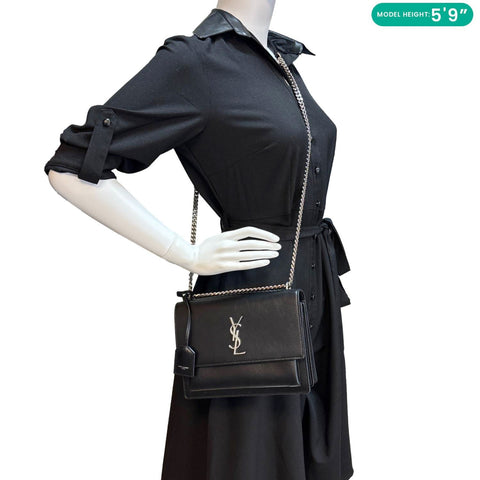 YVES SAINT LAURENT Sunset Monogram Leather Shoulder Bag Black