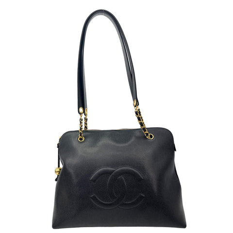CHANEL Vintage Timeless Zip Caviar Leather tote Shoulder Bag Black