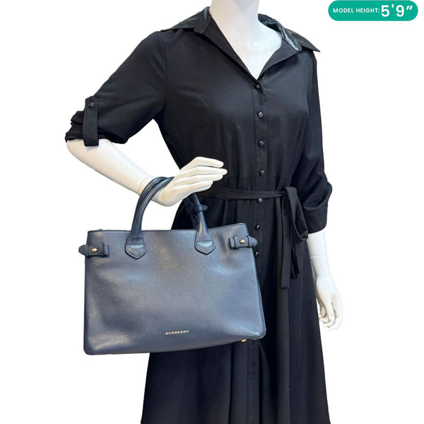 BURBERRY Banner Medium Calfskin House Check Tote Bag Navy Blue
