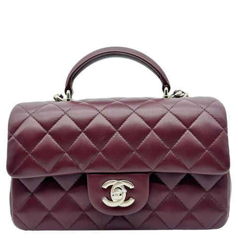 CHANEL Classic Rectangular Flap Mini Quilted Leather Top Handle Crossbody Bag Burgundy